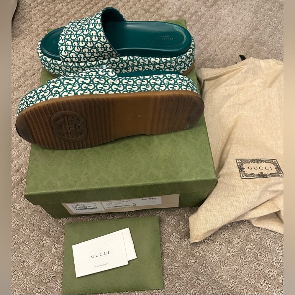 Gucci Angelina slide sandals GG logo platform emerald green canvas tan 39 - Picture 4 of 5